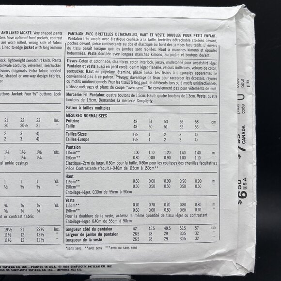 Simplicity 7529 “Pants w/ Suspenders, Top & Jacket”(Size 1/2-4) Sewing Pattern - Picture 4 of 5